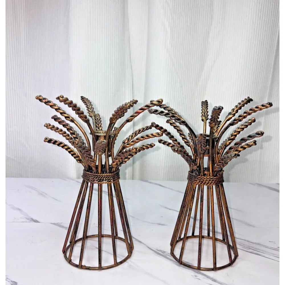 Rustic Candlestick Holders Pair Banded Wheat Sheaves Farm Vintage 8